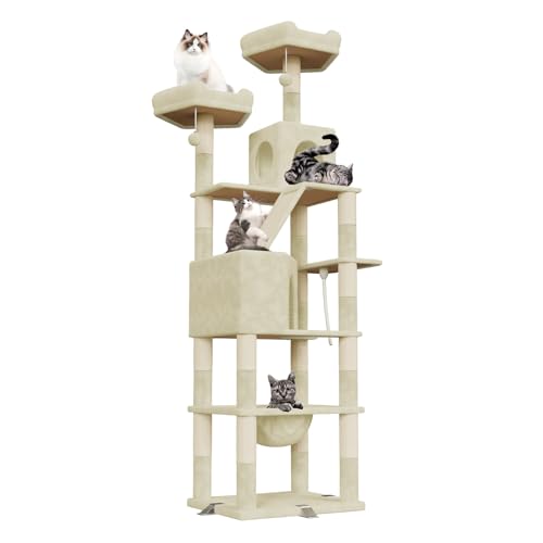 Dogat 208cm Large Cat Tree, XXL Tall Cat tower with 3 Removable Reinforced Clips, Multi-Level Climbing Frame with 16 Scratching Posts, Perches, Condo and Hammock, for Large and Small Cats, Beige - DeKove