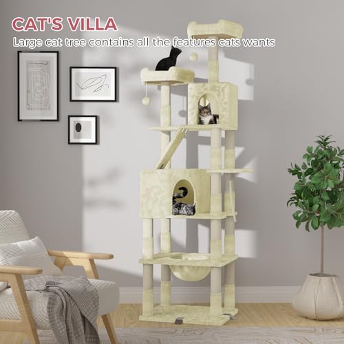 Dogat 208cm Large Cat Tree, XXL Tall Cat tower with 3 Removable Reinforced Clips, Multi-Level Climbing Frame with 16 Scratching Posts, Perches, Condo and Hammock, for Large and Small Cats, Beige - DeKove