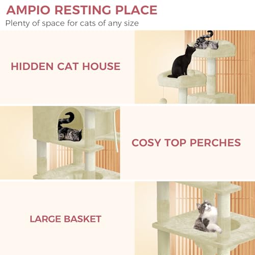 Dogat 208cm Large Cat Tree, XXL Tall Cat tower with 3 Removable Reinforced Clips, Multi-Level Climbing Frame with 16 Scratching Posts, Perches, Condo and Hammock, for Large and Small Cats, Beige - DeKove