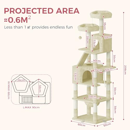 Dogat 208cm Large Cat Tree, XXL Tall Cat tower with 3 Removable Reinforced Clips, Multi-Level Climbing Frame with 16 Scratching Posts, Perches, Condo and Hammock, for Large and Small Cats, Beige - DeKove