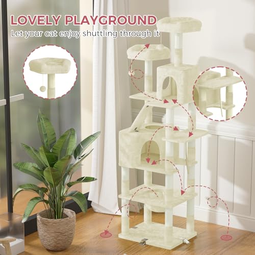 Dogat 208cm Large Cat Tree, XXL Tall Cat tower with 3 Removable Reinforced Clips, Multi-Level Climbing Frame with 16 Scratching Posts, Perches, Condo and Hammock, for Large and Small Cats, Beige - DeKove