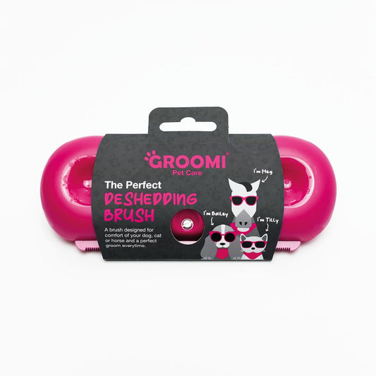 Groomi Deshedding & Grooming Brush for Dogs, Cats, Horses & Rabbits - Gentle & Effective Pet Grooming Tool, Wide Shallow Comb, Smooth Groomer for Cats, Dogs and Horses, Grooming Comb - Pink - DeKove