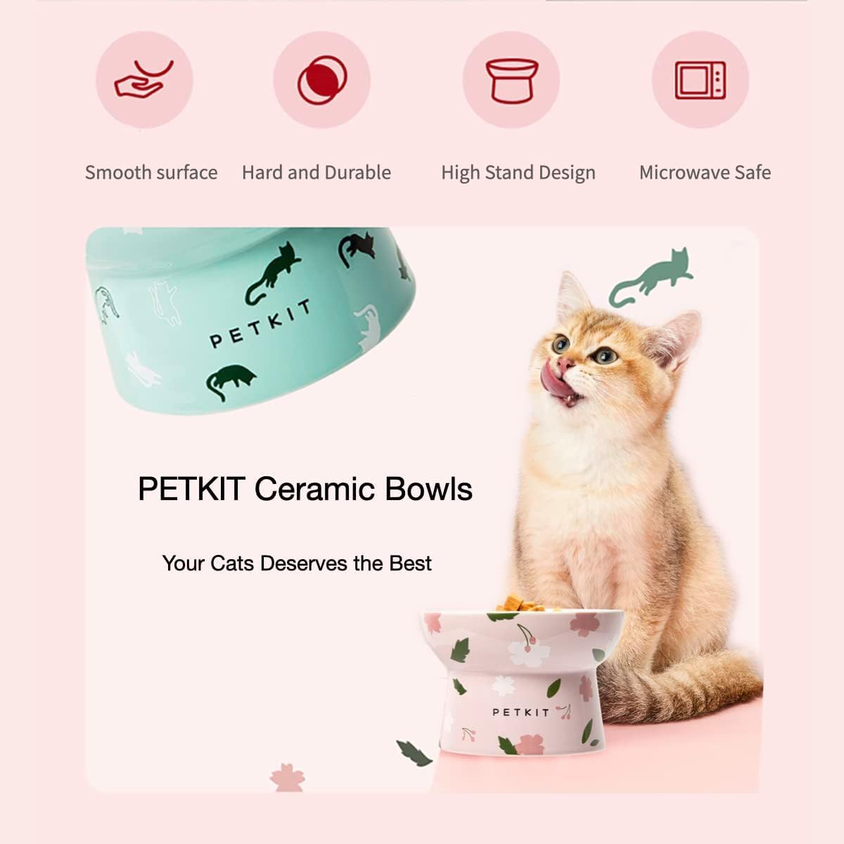 PETKIT Raised Cat Bowl, Ceramic Cat Elevated Food Bowl, Stress Free, Anti Vomiting, Backflow Prevention Cat Dog Water Bowl, Dishwasher and Microwave Safe, Pink - DeKove