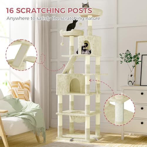 Dogat 208cm Large Cat Tree, XXL Tall Cat tower with 3 Removable Reinforced Clips, Multi-Level Climbing Frame with 16 Scratching Posts, Perches, Condo and Hammock, for Large and Small Cats, Beige - DeKove