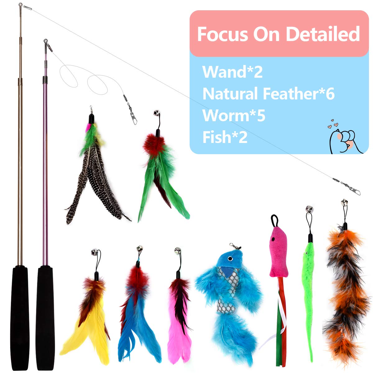 Bojafa Cat Toys for Indoor Cats Adult: Interactive Kitten Feather Wand Toys - 15Pcs Cat Teaser Toys - DeKove