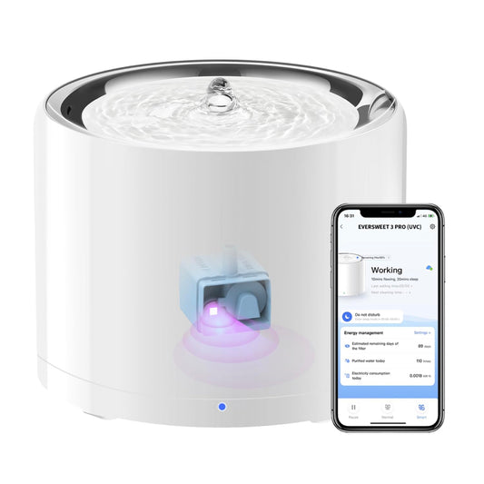 PETKIT Cat Water Fountain, UVC Wireless Pump, APP Control, 1.8L Cat Fountain Stainless Steel, Ultra Quiet, Hygienic Fresh Water for Cats Dogs, 3 Working Mode, Smart LED Light, Activated Carbon Filter - DeKove