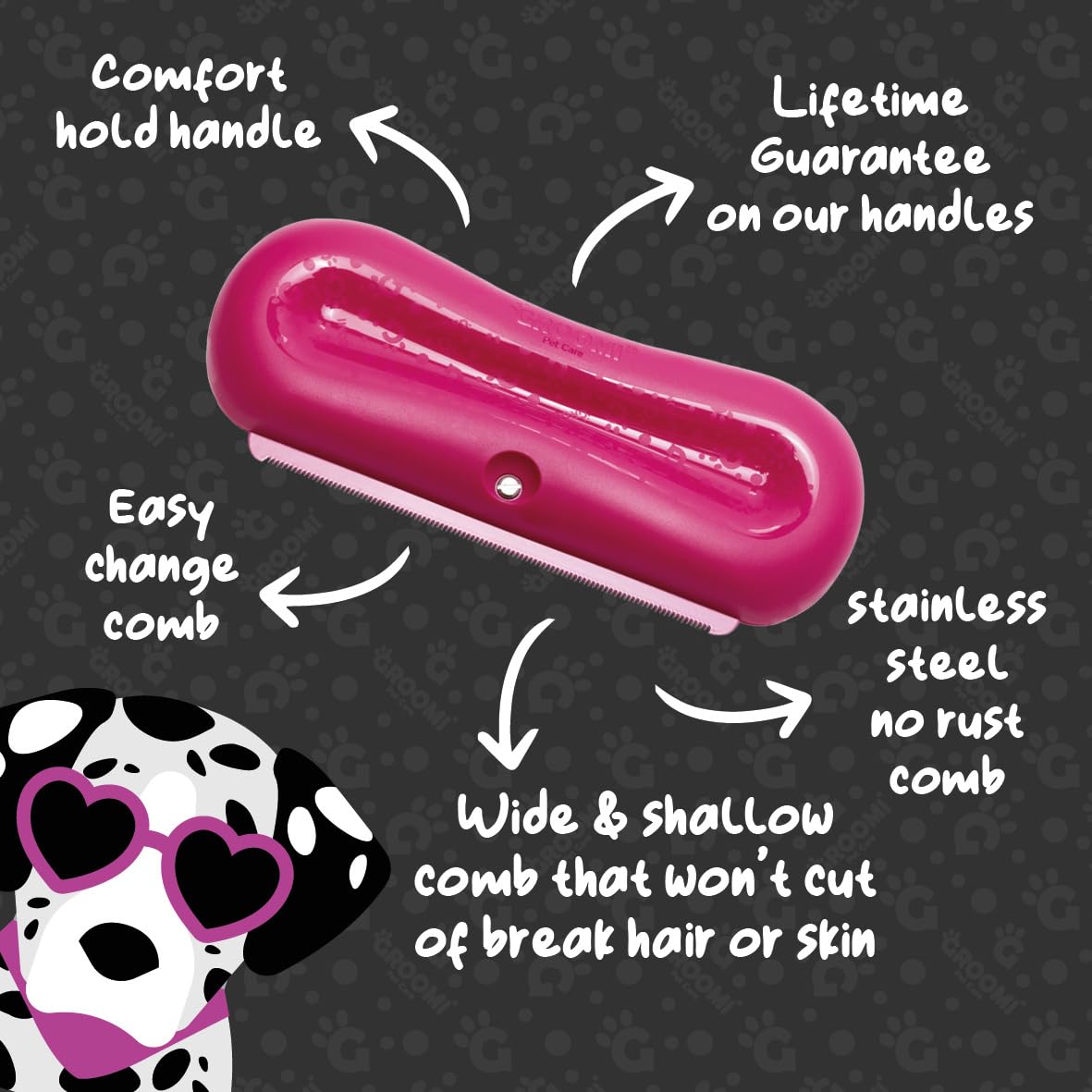 Groomi Deshedding & Grooming Brush for Dogs, Cats, Horses & Rabbits - Gentle & Effective Pet Grooming Tool, Wide Shallow Comb, Smooth Groomer for Cats, Dogs and Horses, Grooming Comb - Pink - DeKove