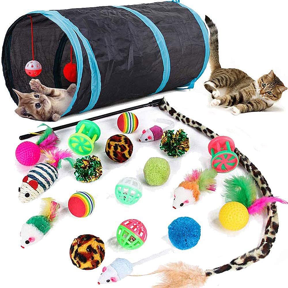 Speedy Panther 21 Pcs Cat Toys for Indoor Cats Collapsible Cat Tunnel Interactive Feather Teaser Wand Ball Toy for Kitten Cats - DeKove