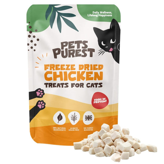Pets Purest Cat Treats, 100% Chicken Freeze Dried Cat Treats, High Protein - Low Fat Treat for Cats & Kittens 50g - DeKove