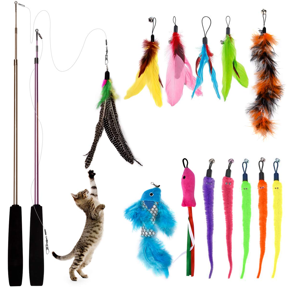 Bojafa Cat Toys for Indoor Cats Adult: Interactive Kitten Feather Wand Toys - 15Pcs Cat Teaser Toys - DeKove