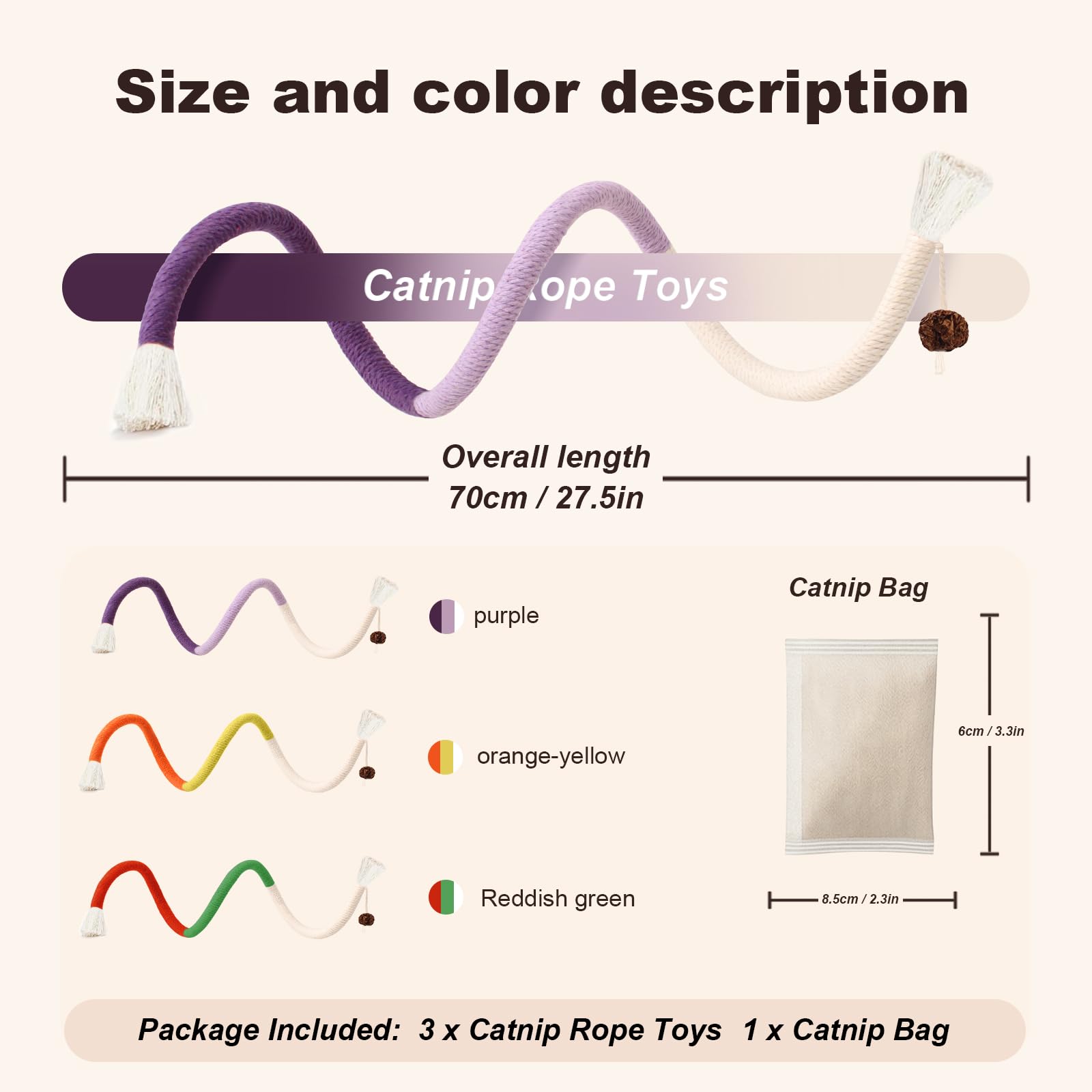 Natural Catnip Chew Rope for Cats – Pack of 3 (27 Inches Each) | Includes Refillable Catnip Pouch | Interactive Cat Toys for Indoor Cats & Kittens | Stress Relief, Dental Health & Enrichment Play - DeKove