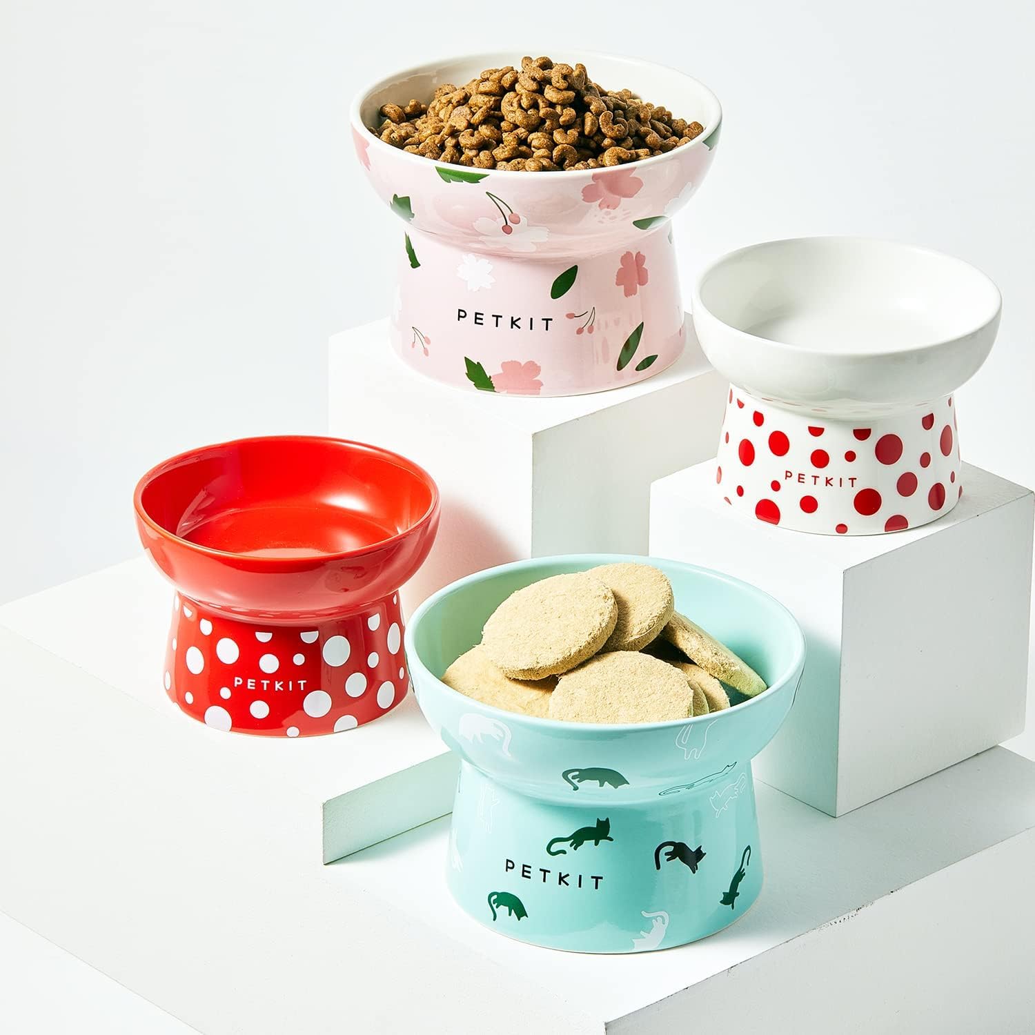 PETKIT Raised Cat Bowl, Ceramic Cat Elevated Food Bowl, Stress Free, Anti Vomiting, Backflow Prevention Cat Dog Water Bowl, Dishwasher and Microwave Safe, Pink - DeKove