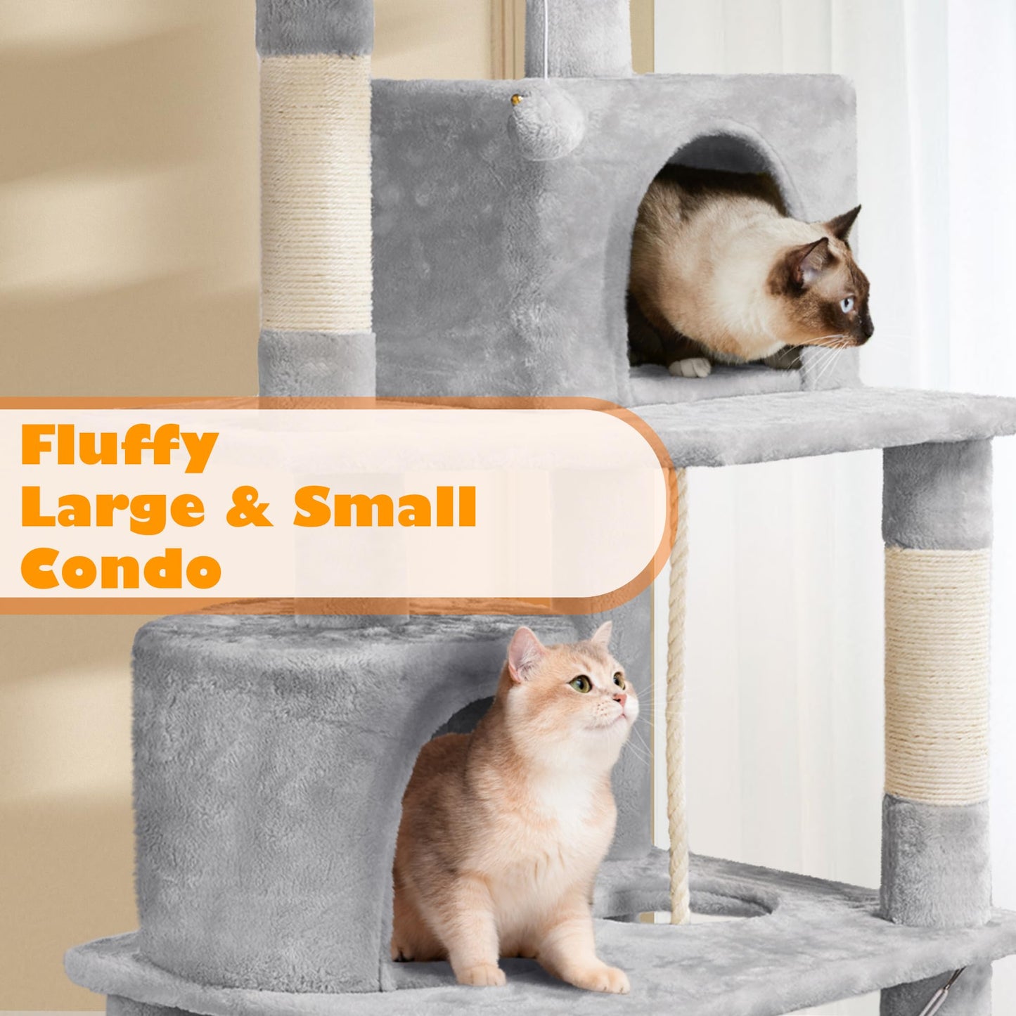 Yaheetech 158cm Multi-level Cat Tree Tower Large Kitten Scratching Posts with Condos/Perches/Hammock Broad-space Kitten Activity Centre, Light Grey - DeKove