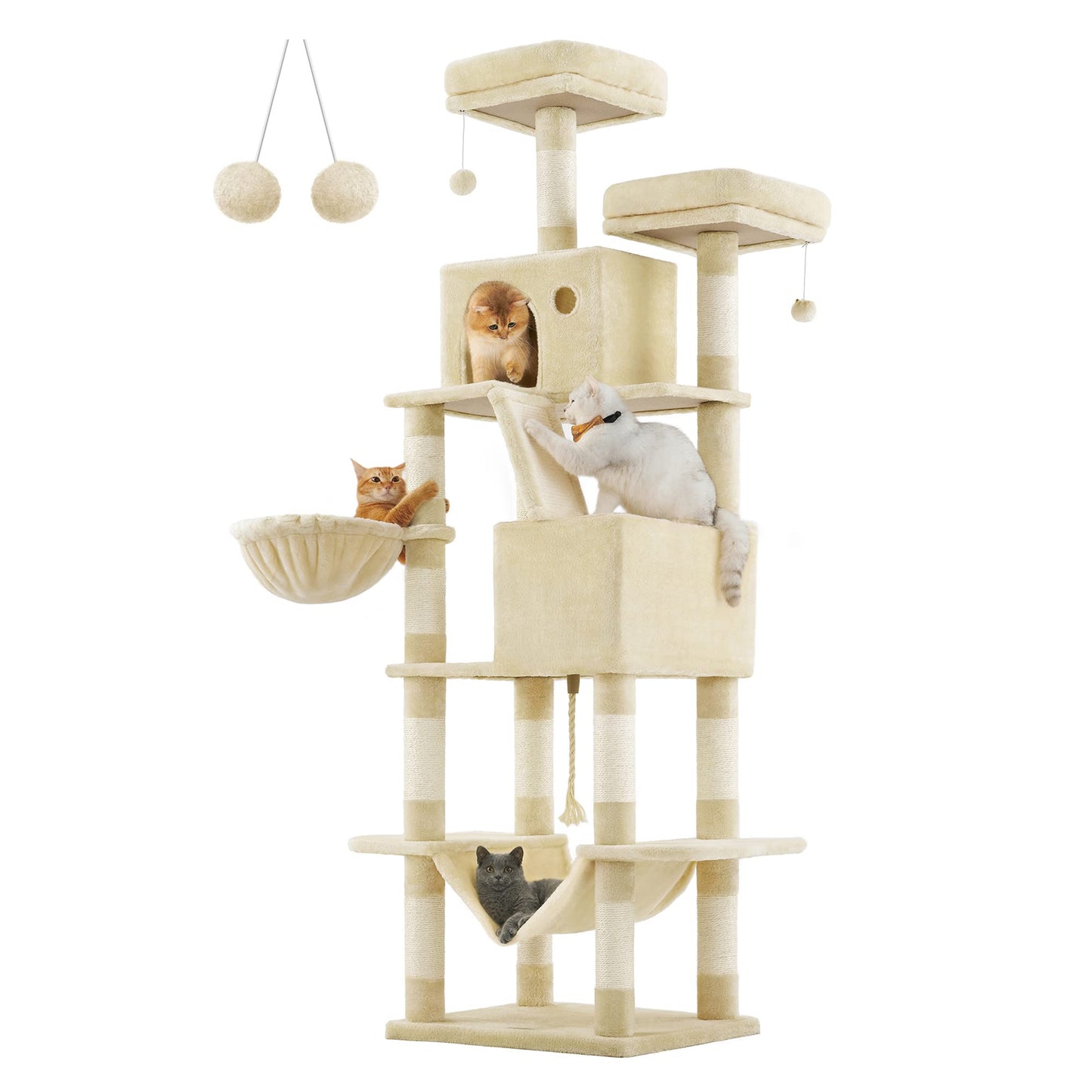 Feandrea Cat Tree, 206 cm Large Cat Tower with 13 Scratching Posts, 1 Scratching Ramp, 2 Perches, 2 Caves, Basket, Hammock, Pompoms, Multi-Level Plush Cat Condo for Indoor Cats, Beige PCT190M01 - DeKove