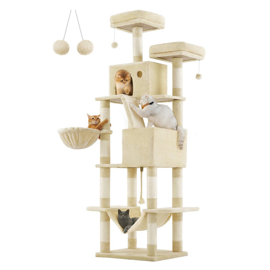 Feandrea Cat Tree, 206 cm Large Cat Tower with 13 Scratching Posts, 1 Scratching Ramp, 2 Perches, 2 Caves, Basket, Hammock, Pompoms, Multi-Level Plush Cat Condo for Indoor Cats, Beige PCT190M01 - DeKove