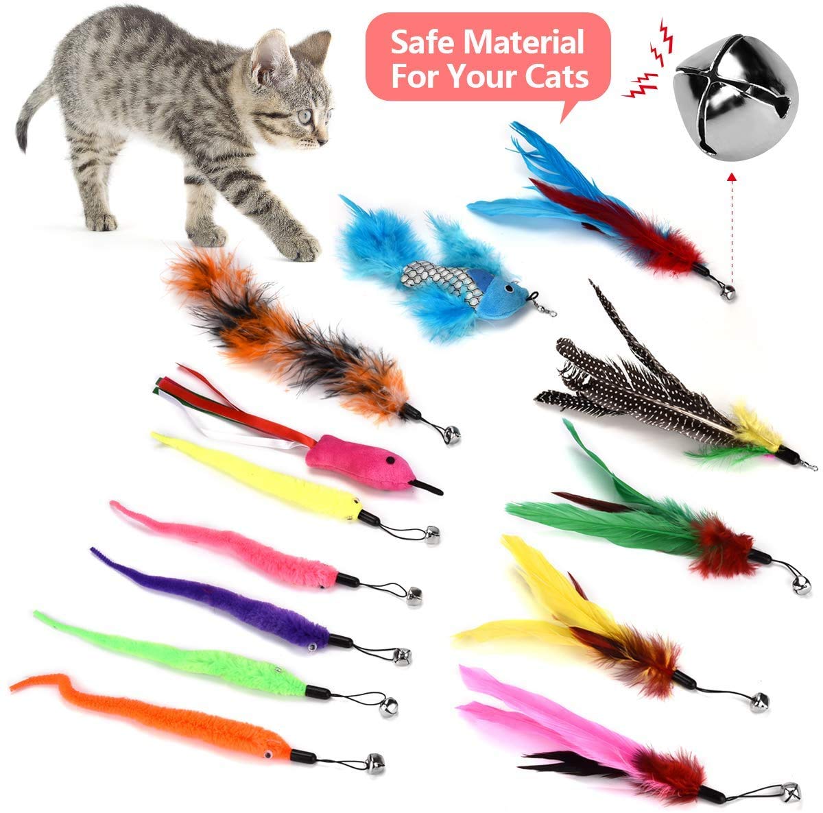 Bojafa Cat Toys for Indoor Cats Adult: Interactive Kitten Feather Wand Toys - 15Pcs Cat Teaser Toys - DeKove