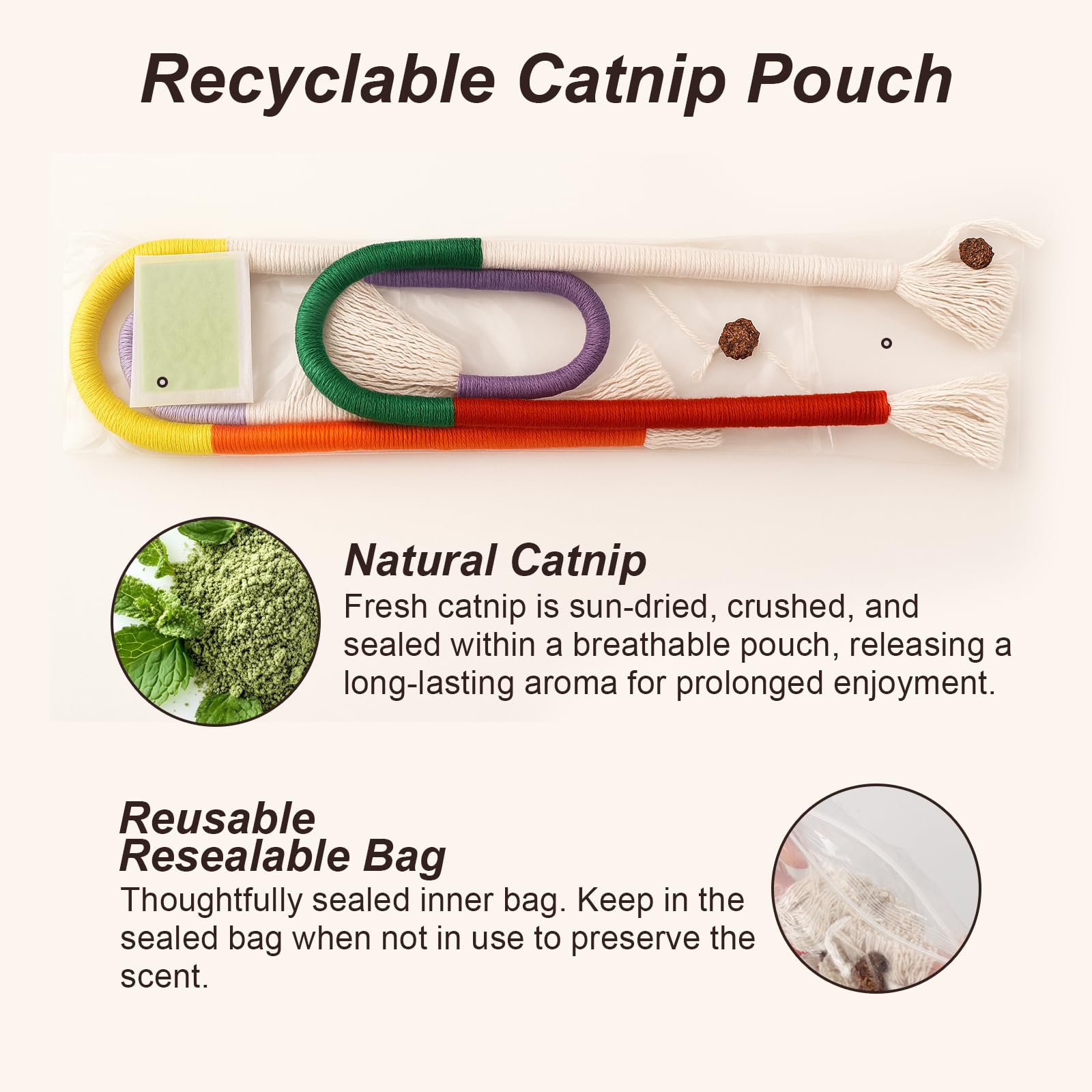 Natural Catnip Chew Rope for Cats – Pack of 3 (27 Inches Each) | Includes Refillable Catnip Pouch | Interactive Cat Toys for Indoor Cats & Kittens | Stress Relief, Dental Health & Enrichment Play - DeKove