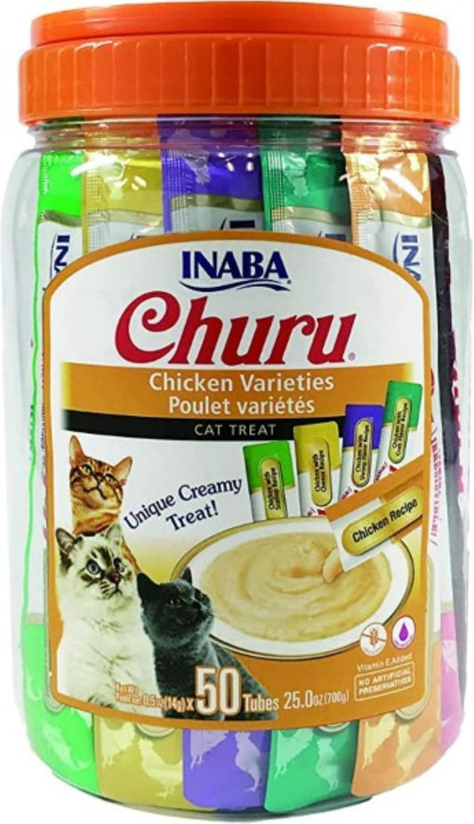 Churu by INABA Cat Treat - Variety Bucket 700g (50 x 14g) / Chicken Flavour, Soft & Creamy Cat Treat, Delicious & Healthy Snack for Cats, Hand Feeding, Natural, Grain Free, High in Moisture - DeKove