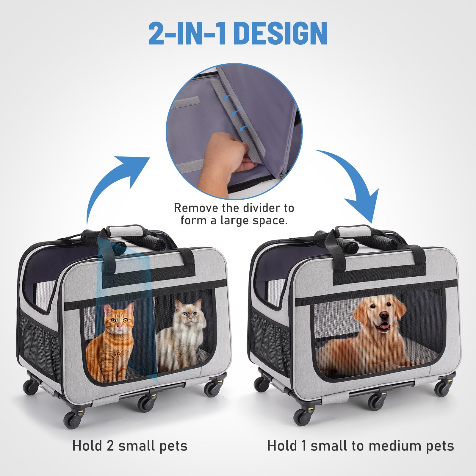 HOVONO Extra Large Double Pet Carrier with Wheels for Small Dogs and All-Breed Cats, Cat Rolling Carrier for 2 Cats, Support up to 40 Lbs, Grey - DeKove