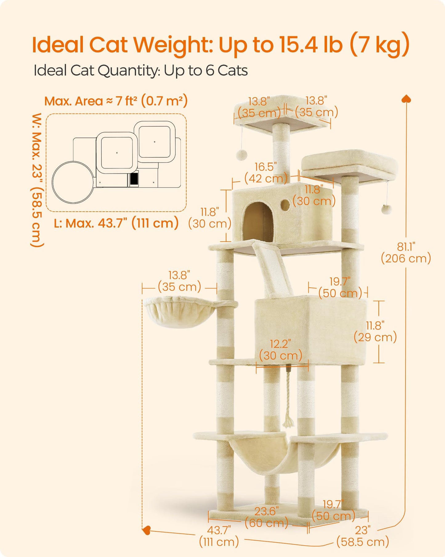 Feandrea Cat Tree, 206 cm Large Cat Tower with 13 Scratching Posts, 1 Scratching Ramp, 2 Perches, 2 Caves, Basket, Hammock, Pompoms, Multi-Level Plush Cat Condo for Indoor Cats, Beige PCT190M01 - DeKove