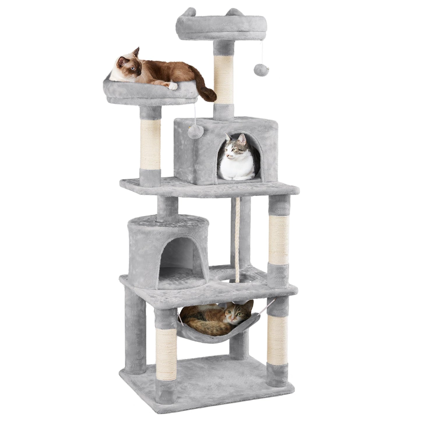 Yaheetech 158cm Multi-level Cat Tree Tower Large Kitten Scratching Posts with Condos/Perches/Hammock Broad-space Kitten Activity Centre, Light Grey - DeKove