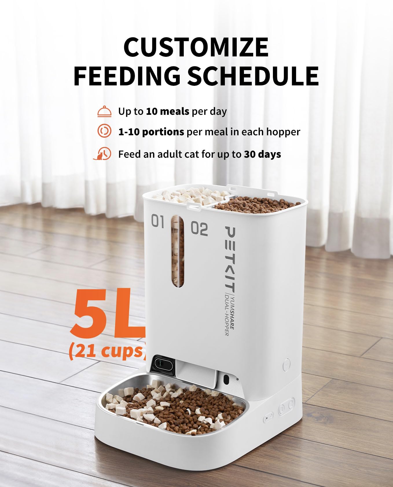 PETKIT Automatic Cat Feeder with Camera,1080P HD Video with Night Vision, 5L Auto Pet Feeder, 2-Way Audio, Battery-Backup, Low Food Sensor, Anti-Stick Bowl, 2.4G WiFi Enabled Cat Food Dispenser - DeKove
