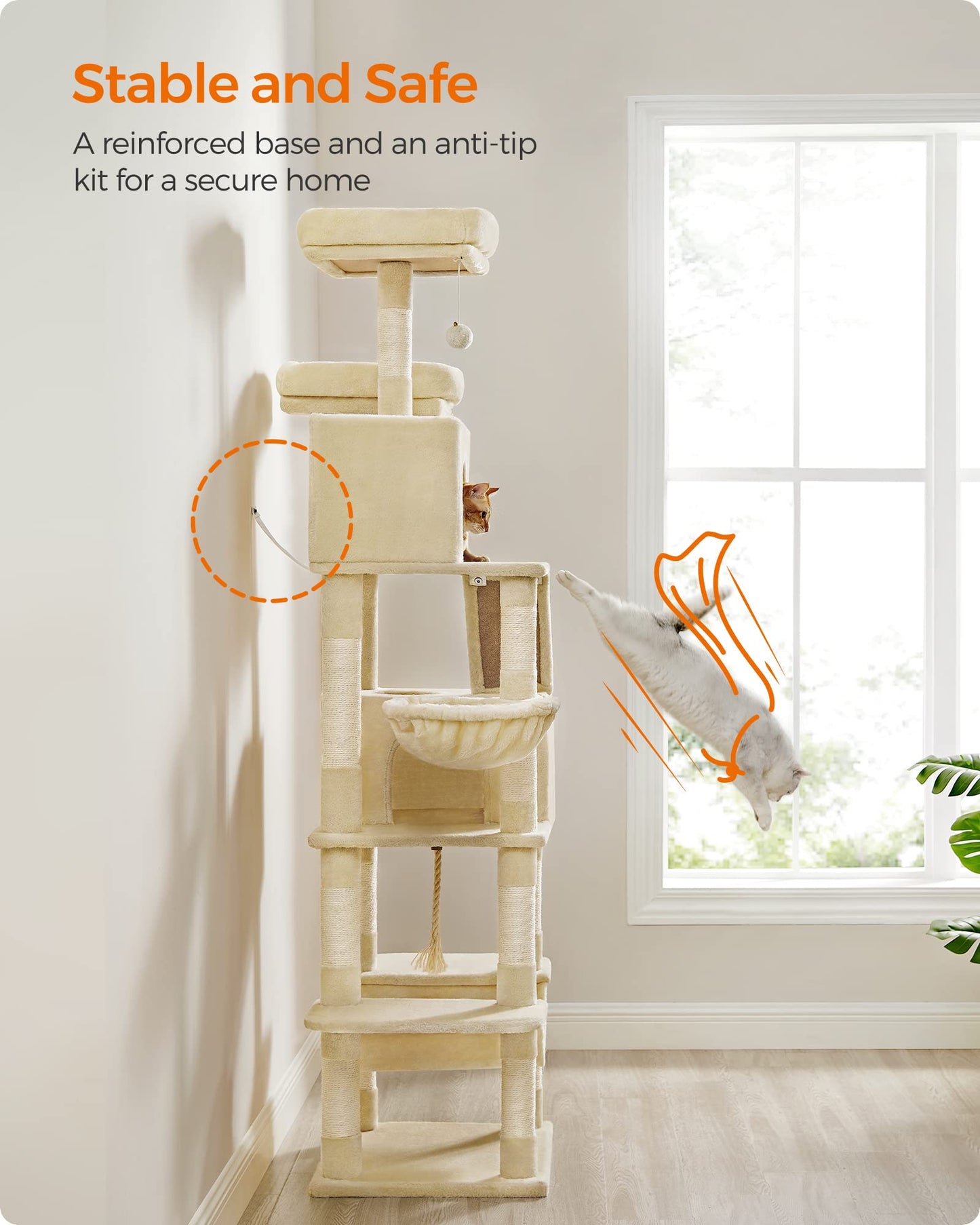 Feandrea Cat Tree, 206 cm Large Cat Tower with 13 Scratching Posts, 1 Scratching Ramp, 2 Perches, 2 Caves, Basket, Hammock, Pompoms, Multi-Level Plush Cat Condo for Indoor Cats, Beige PCT190M01 - DeKove