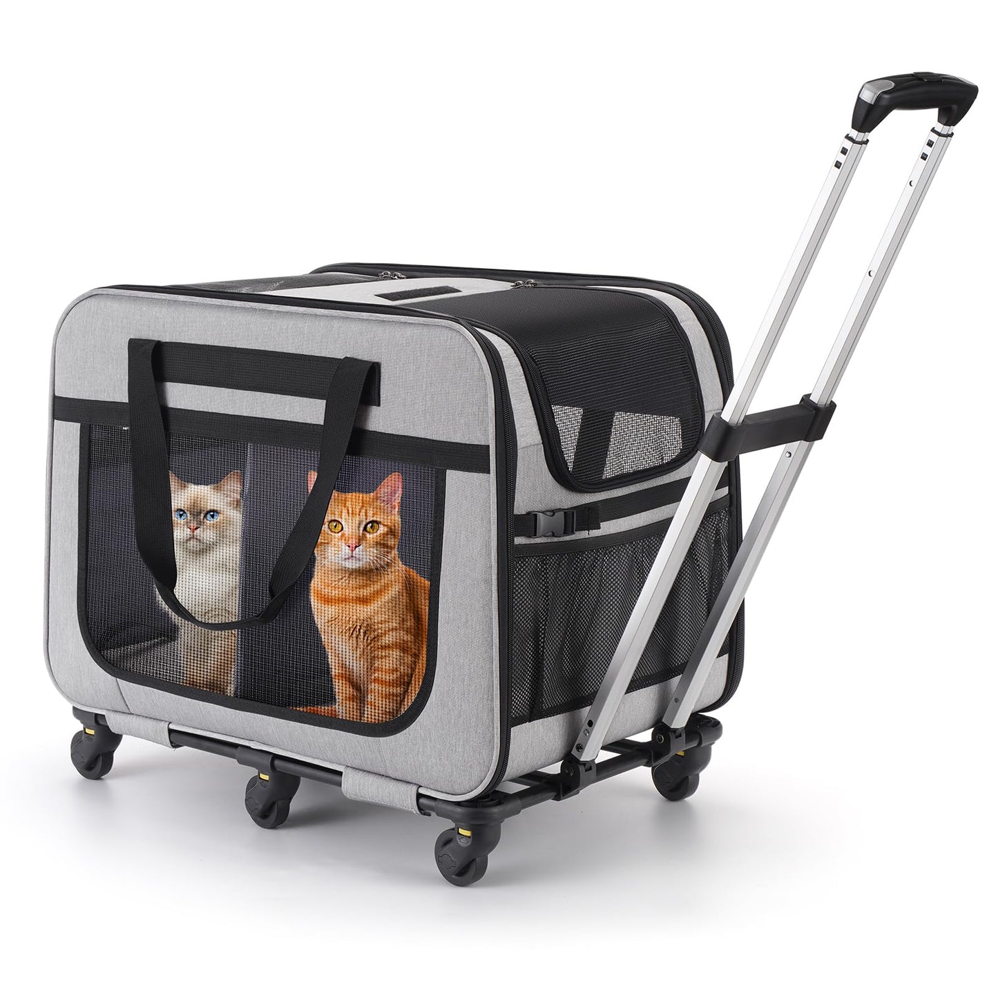 HOVONO Extra Large Double Pet Carrier with Wheels for Small Dogs and All-Breed Cats, Cat Rolling Carrier for 2 Cats, Support up to 40 Lbs, Grey - DeKove