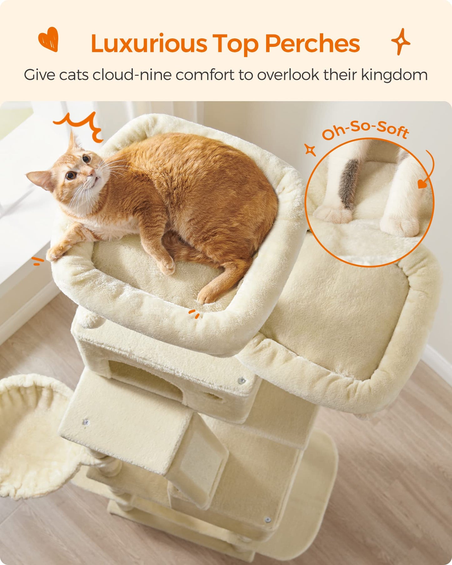 Feandrea Cat Tree, 206 cm Large Cat Tower with 13 Scratching Posts, 1 Scratching Ramp, 2 Perches, 2 Caves, Basket, Hammock, Pompoms, Multi-Level Plush Cat Condo for Indoor Cats, Beige PCT190M01 - DeKove