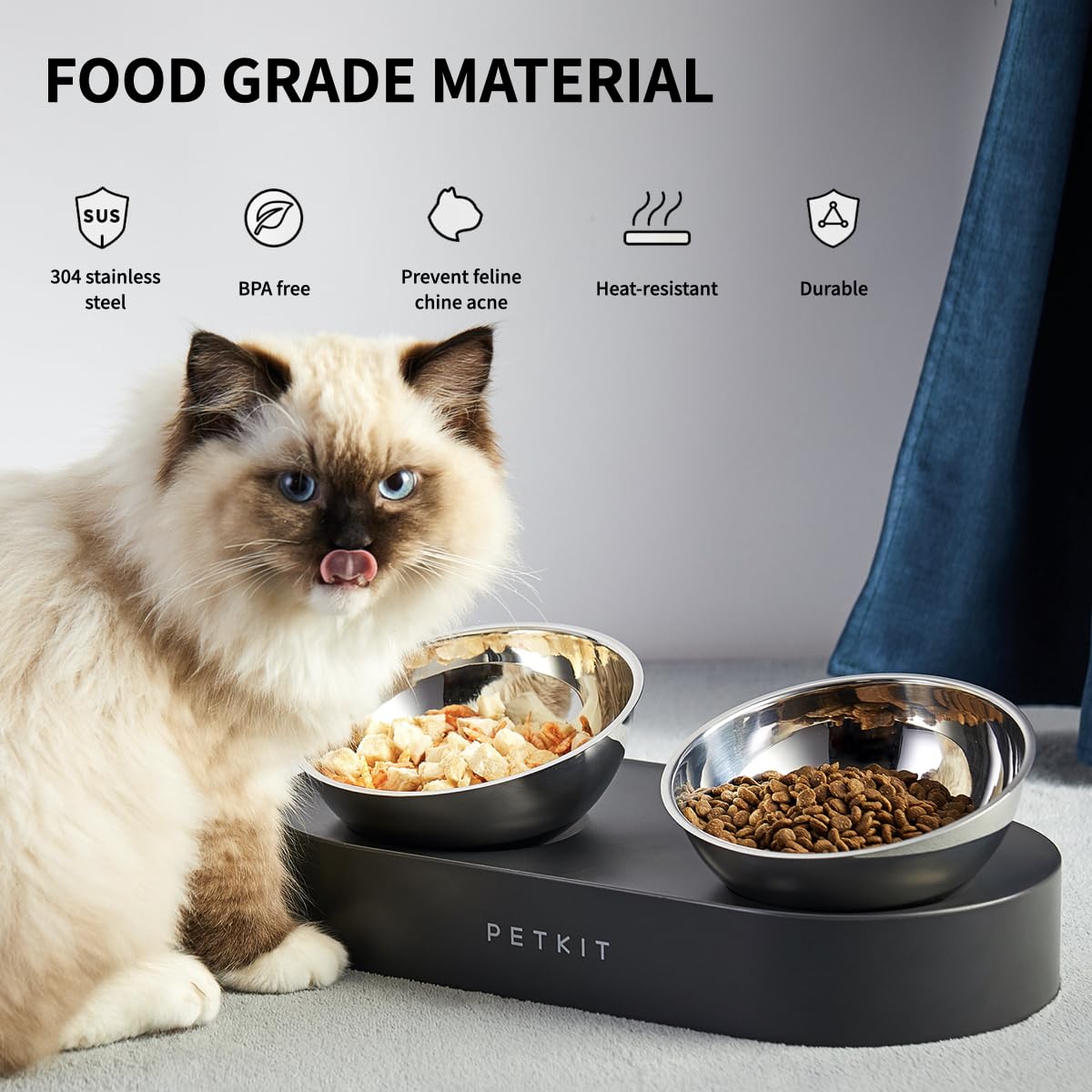 PETKIT Cat Bowls with Stand Tilted, 0 &15° Stainless Steel Elevated Cat Feeding Bowls for Cats and Small Dogs, Raised Cat Food and Water Bowls, Stress Free, Food Grade Material, Anti Slip None Spill - DeKove