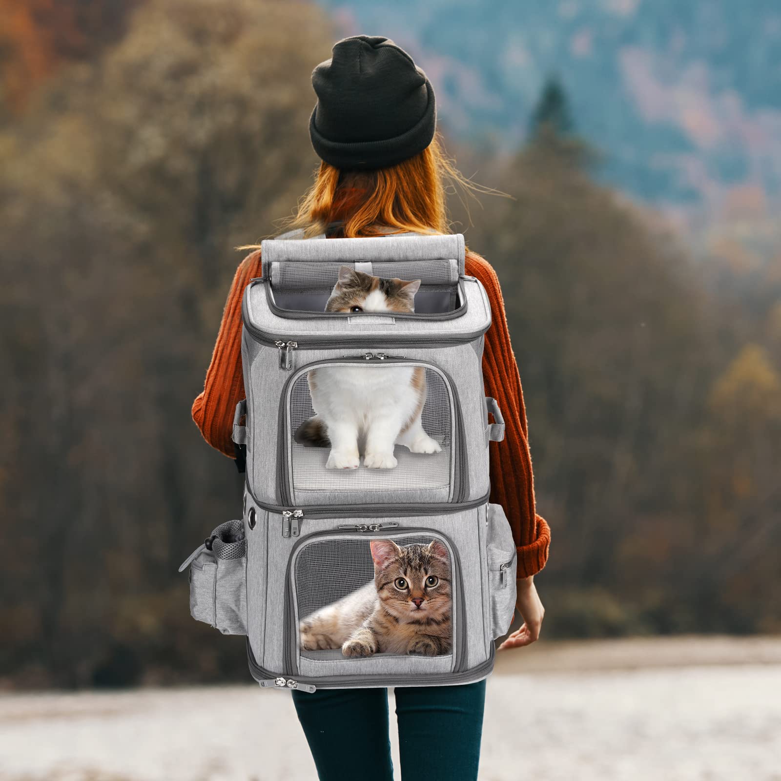 FASNATI Double-Compartment Pet Carrier Backpack, Cat Carrier Backpack for 2 Small Cats, Dogs and Rabbits, Perfect for Traveling/Hiking/Camping, Grey - DeKove