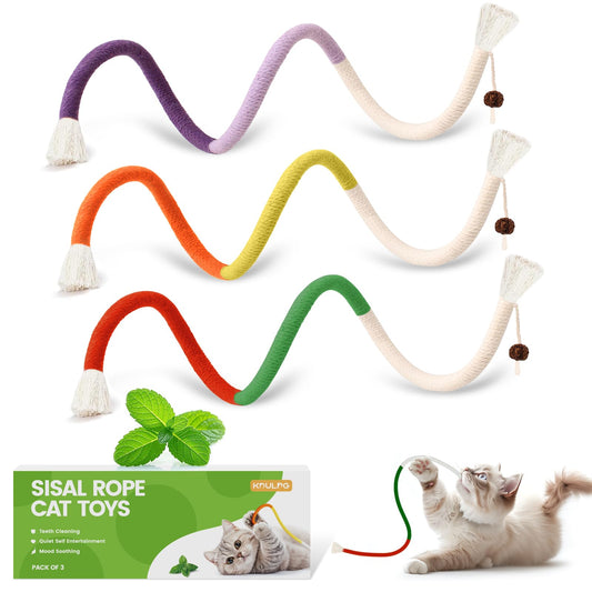 Natural Catnip Chew Rope for Cats – Pack of 3 (27 Inches Each) | Includes Refillable Catnip Pouch | Interactive Cat Toys for Indoor Cats & Kittens | Stress Relief, Dental Health & Enrichment Play - DeKove