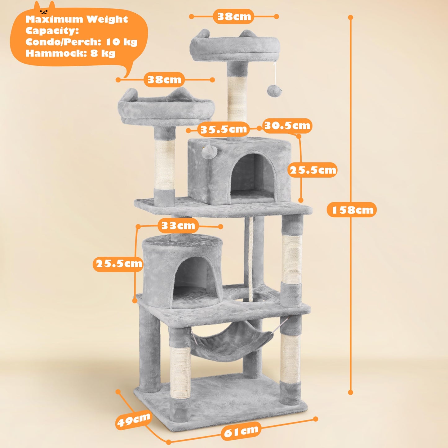 Yaheetech 158cm Multi-level Cat Tree Tower Large Kitten Scratching Posts with Condos/Perches/Hammock Broad-space Kitten Activity Centre, Light Grey - DeKove