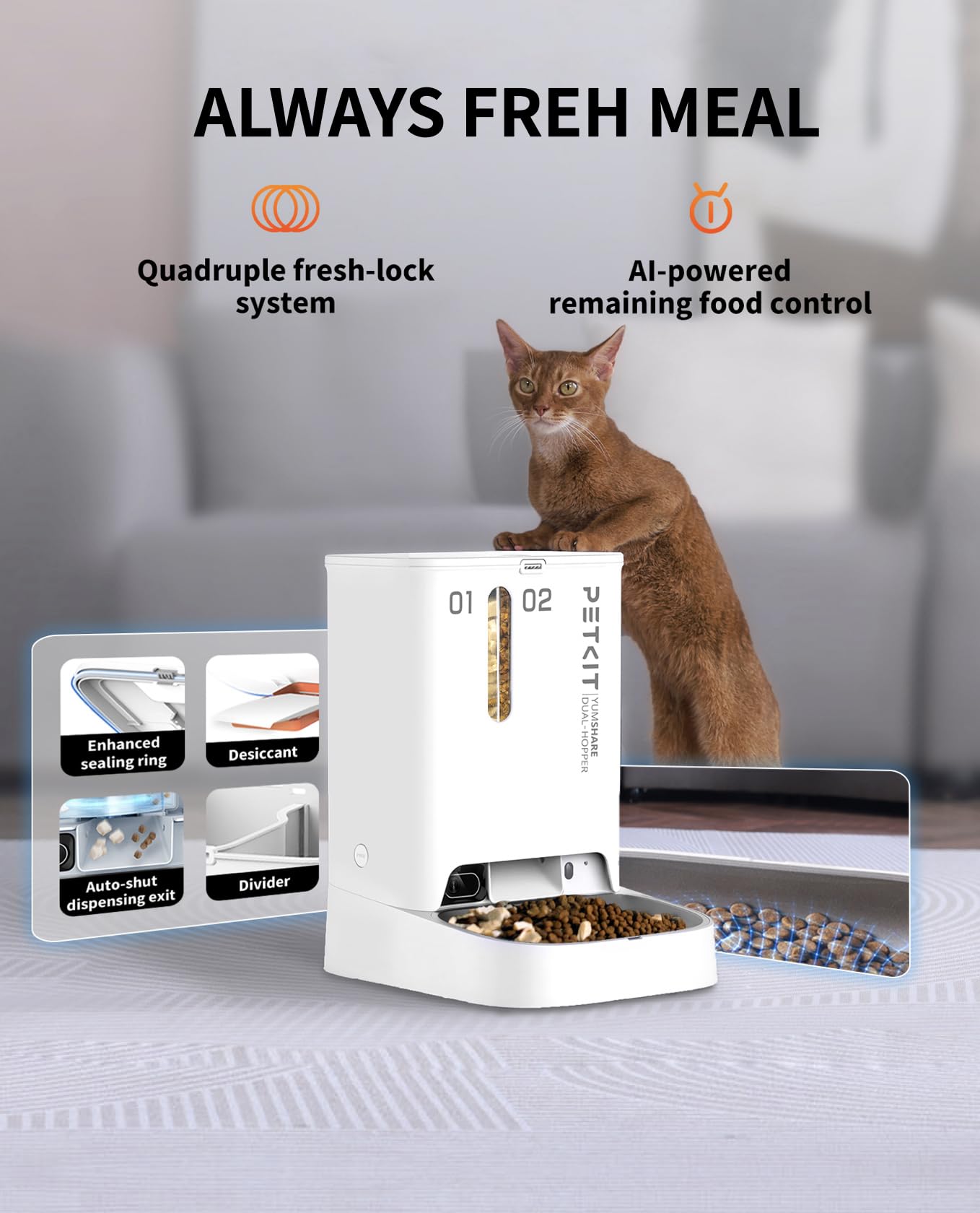 PETKIT Automatic Cat Feeder with Camera,1080P HD Video with Night Vision, 5L Auto Pet Feeder, 2-Way Audio, Battery-Backup, Low Food Sensor, Anti-Stick Bowl, 2.4G WiFi Enabled Cat Food Dispenser - DeKove