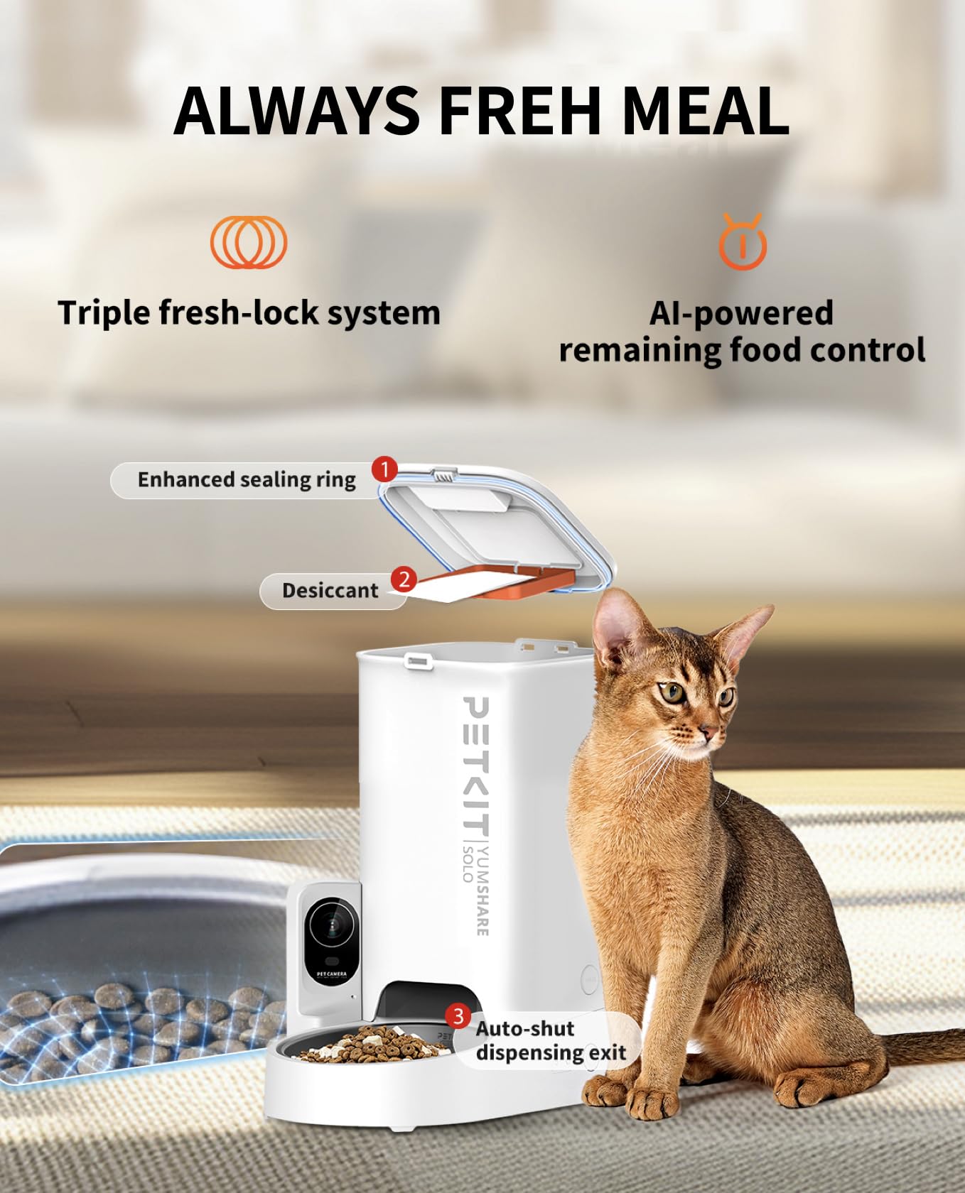 PETKIT Automatic Cat Feeder with Camera, 1080P HD Video with Night Vision, 2-Way Audio, 3L Auto Cat Feeder with Battery-Backup, Low Food & Blockage Sensor, App Control Cat Food Dispenser - DeKove