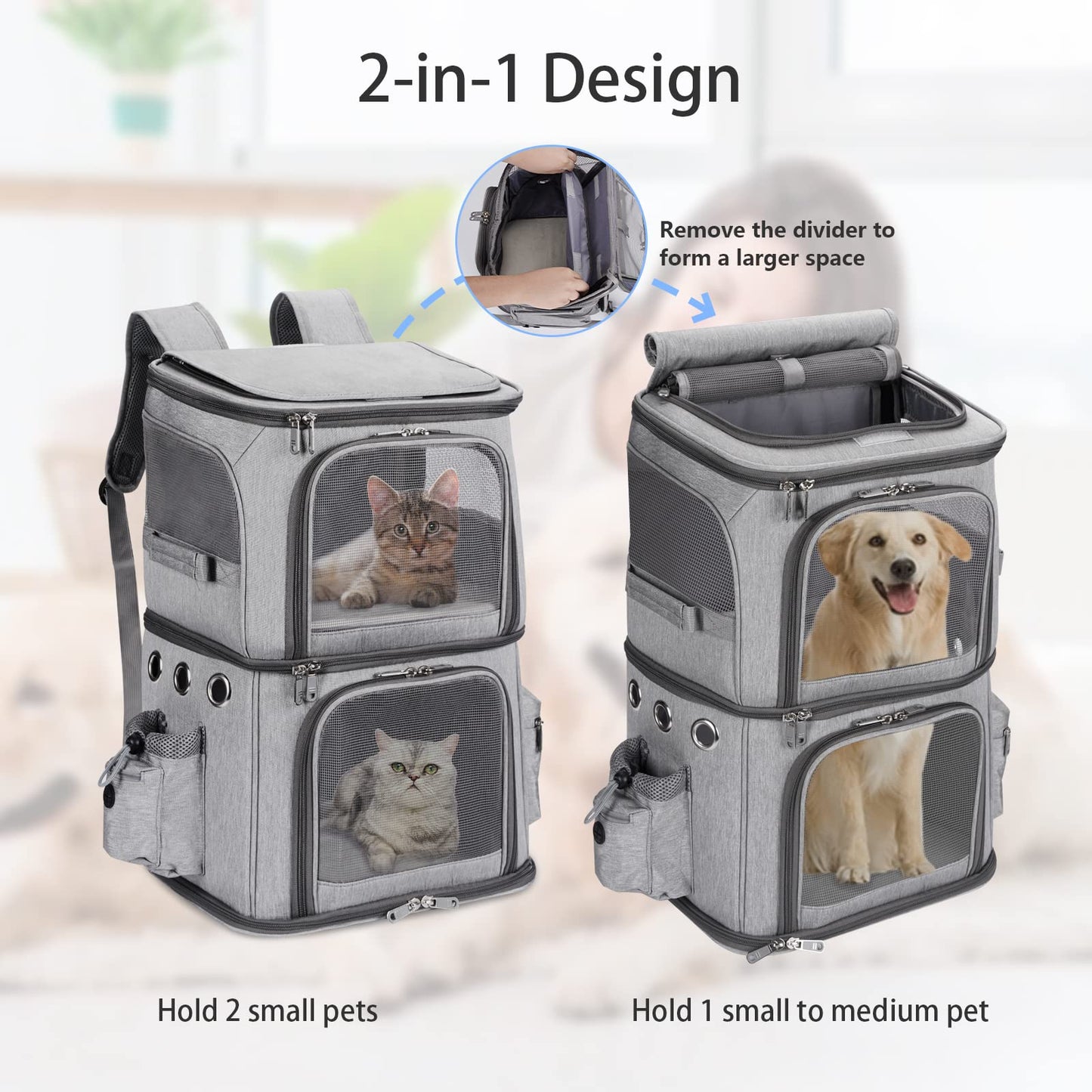 FASNATI Double-Compartment Pet Carrier Backpack, Cat Carrier Backpack for 2 Small Cats, Dogs and Rabbits, Perfect for Traveling/Hiking/Camping, Grey - DeKove