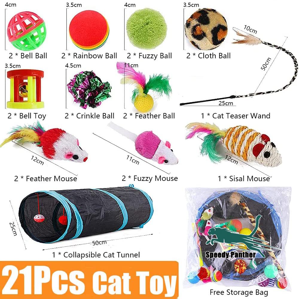 Speedy Panther 21 Pcs Cat Toys for Indoor Cats Collapsible Cat Tunnel Interactive Feather Teaser Wand Ball Toy for Kitten Cats - DeKove