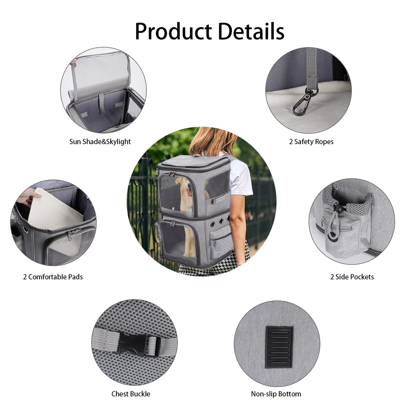 FASNATI Double-Compartment Pet Carrier Backpack, Cat Carrier Backpack for 2 Small Cats, Dogs and Rabbits, Perfect for Traveling/Hiking/Camping, Grey - DeKove