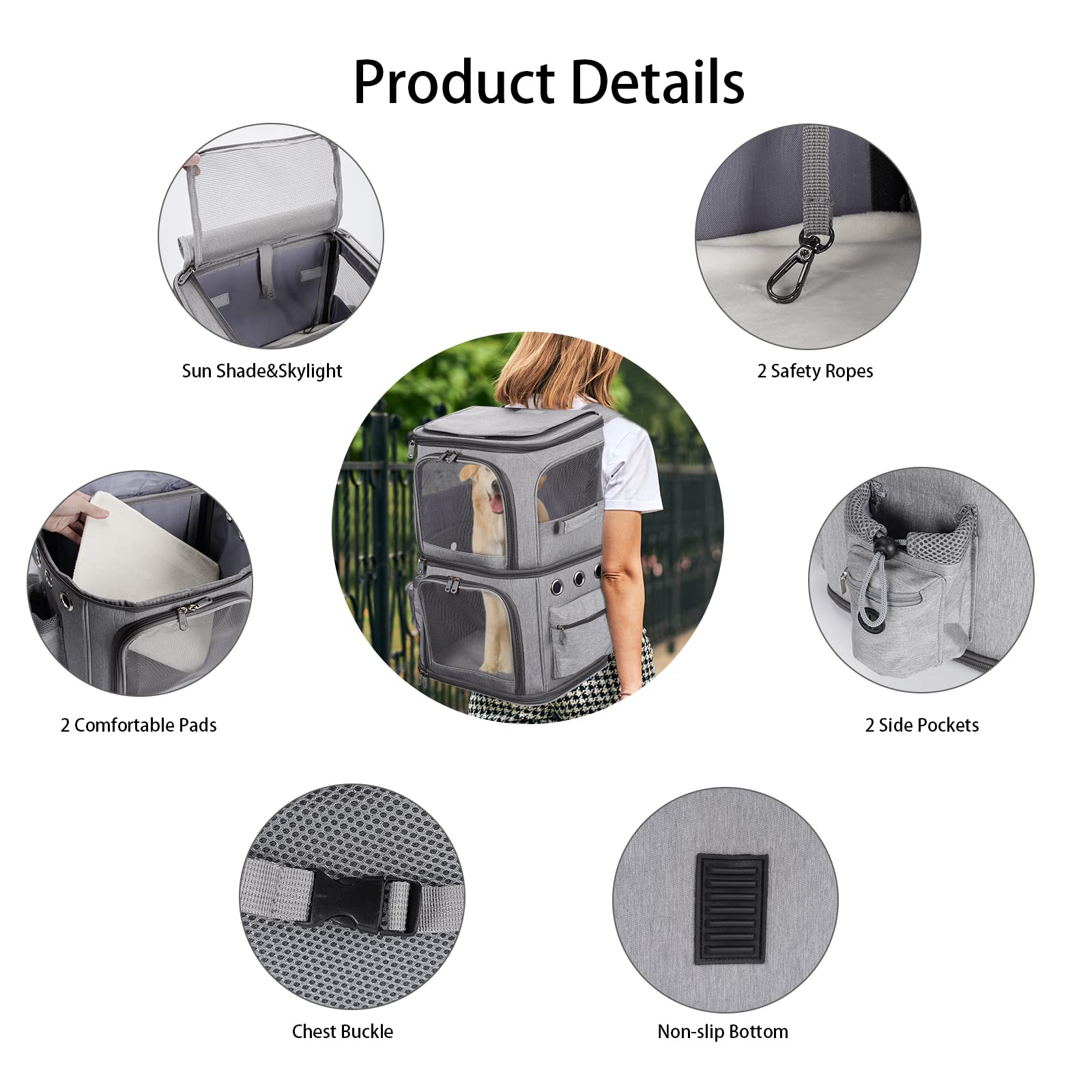FASNATI Double-Compartment Pet Carrier Backpack, Cat Carrier Backpack for 2 Small Cats, Dogs and Rabbits, Perfect for Traveling/Hiking/Camping, Grey - DeKove