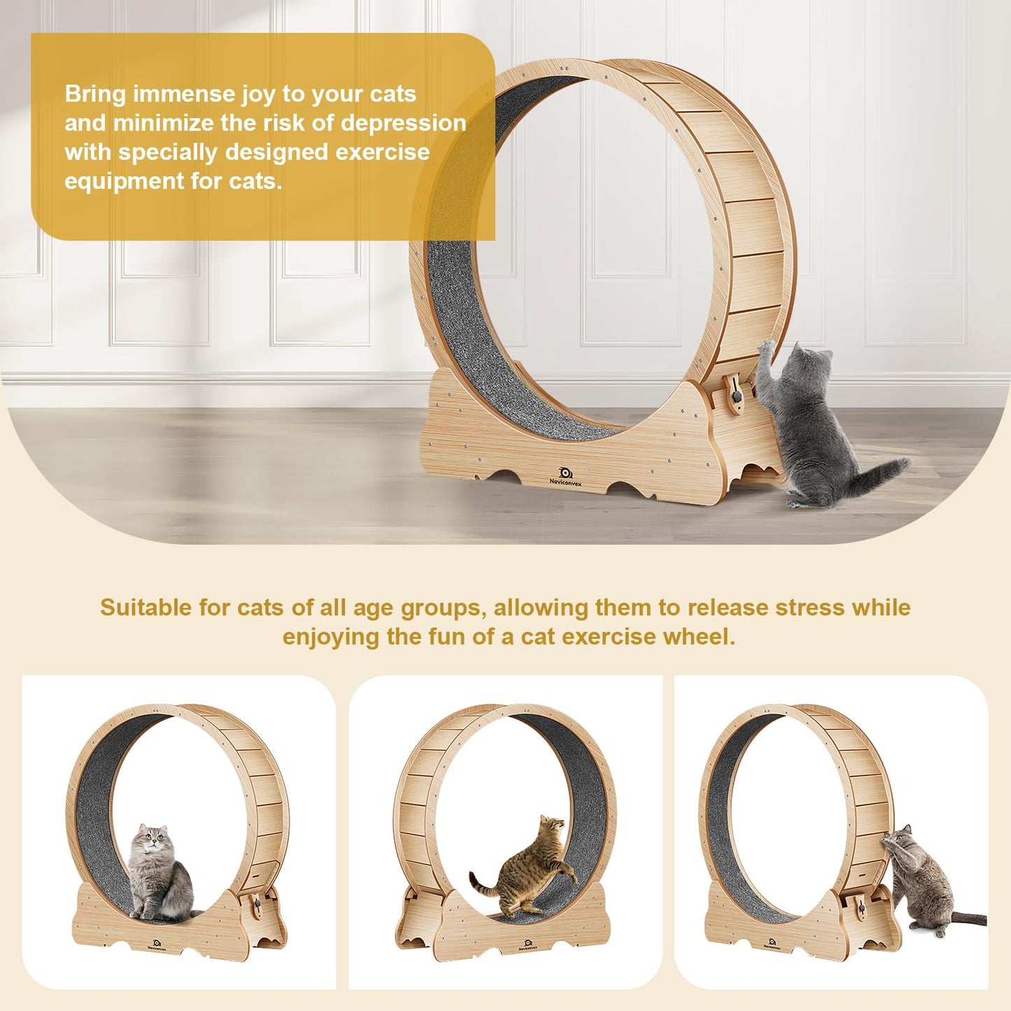 Naviconvex Cat Wheel Cat Exercise Wheel for indoor cats Daily Exercise with Nature Wood Colour The cat treadmill is the best gift for your cat's healthy growth - DeKove