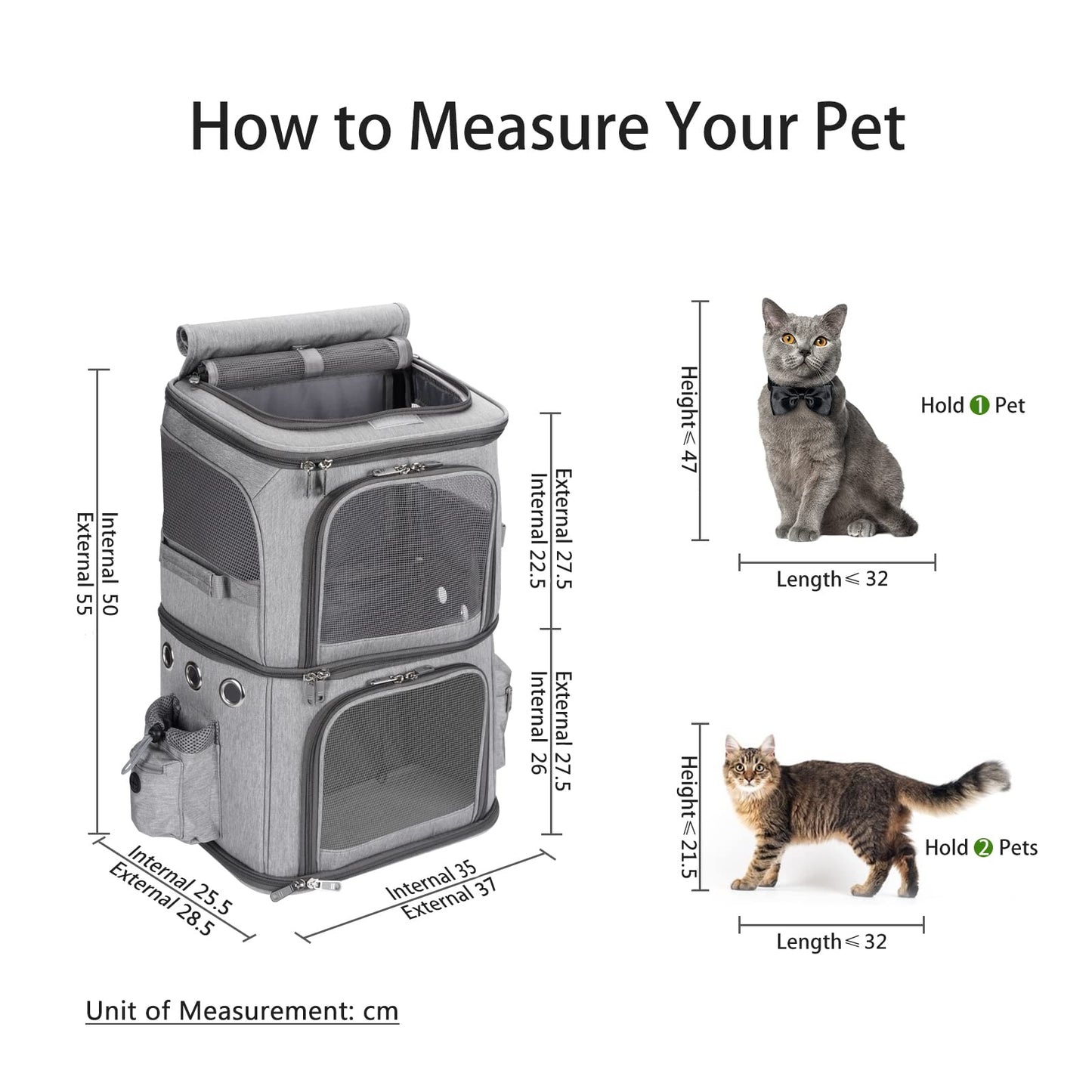 FASNATI Double-Compartment Pet Carrier Backpack, Cat Carrier Backpack for 2 Small Cats, Dogs and Rabbits, Perfect for Traveling/Hiking/Camping, Grey - DeKove