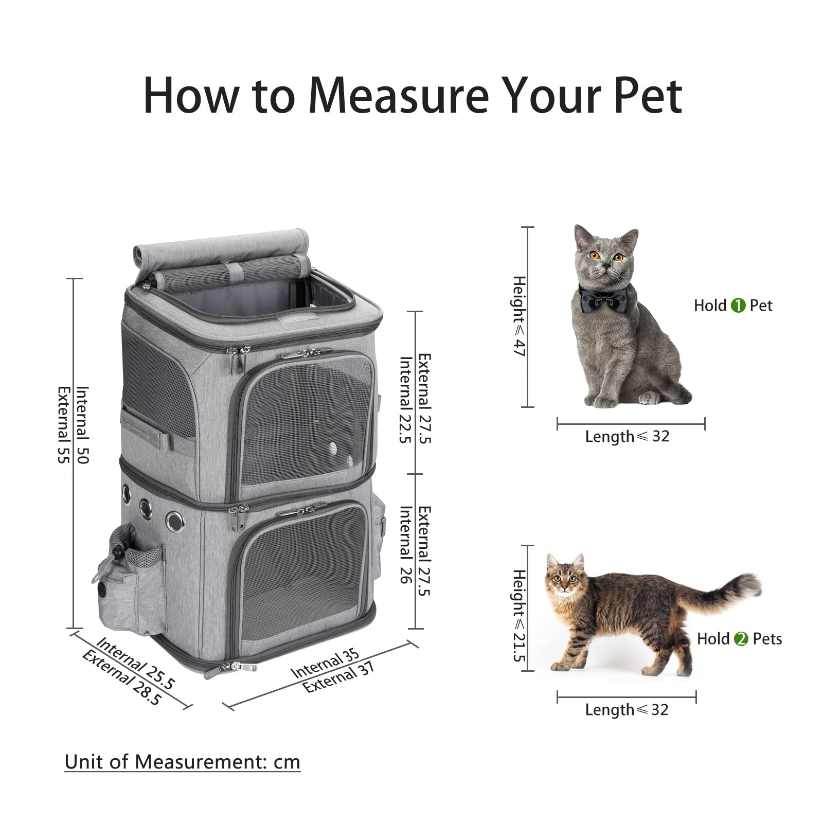 FASNATI Double-Compartment Pet Carrier Backpack, Cat Carrier Backpack for 2 Small Cats, Dogs and Rabbits, Perfect for Traveling/Hiking/Camping, Grey - DeKove
