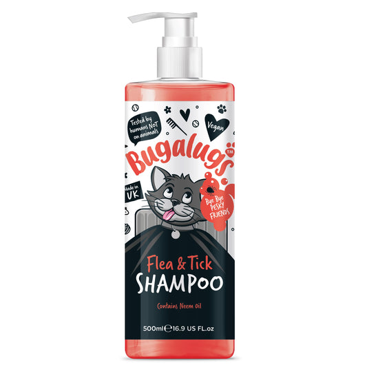 Flea and Tick Cat Shampoo by Bugalugs 500ml, Deep Cleansing for Cats for Fleas, Ticks & Mites contains Neem Oil, PH Balanced Vegan (500ml Flea Shampoo) - DeKove