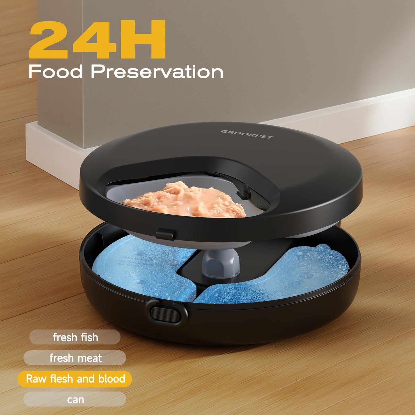 Automatic Cat Feeder Wet Food: Cordless Cat Food Dispenser with Timer - Pet Feeder with Ice Pack for Wet & Dry Food Refrigerated - Auto Wireless Small Dog Feeder Battery Power - Supply 4 Meals per Day - DeKove