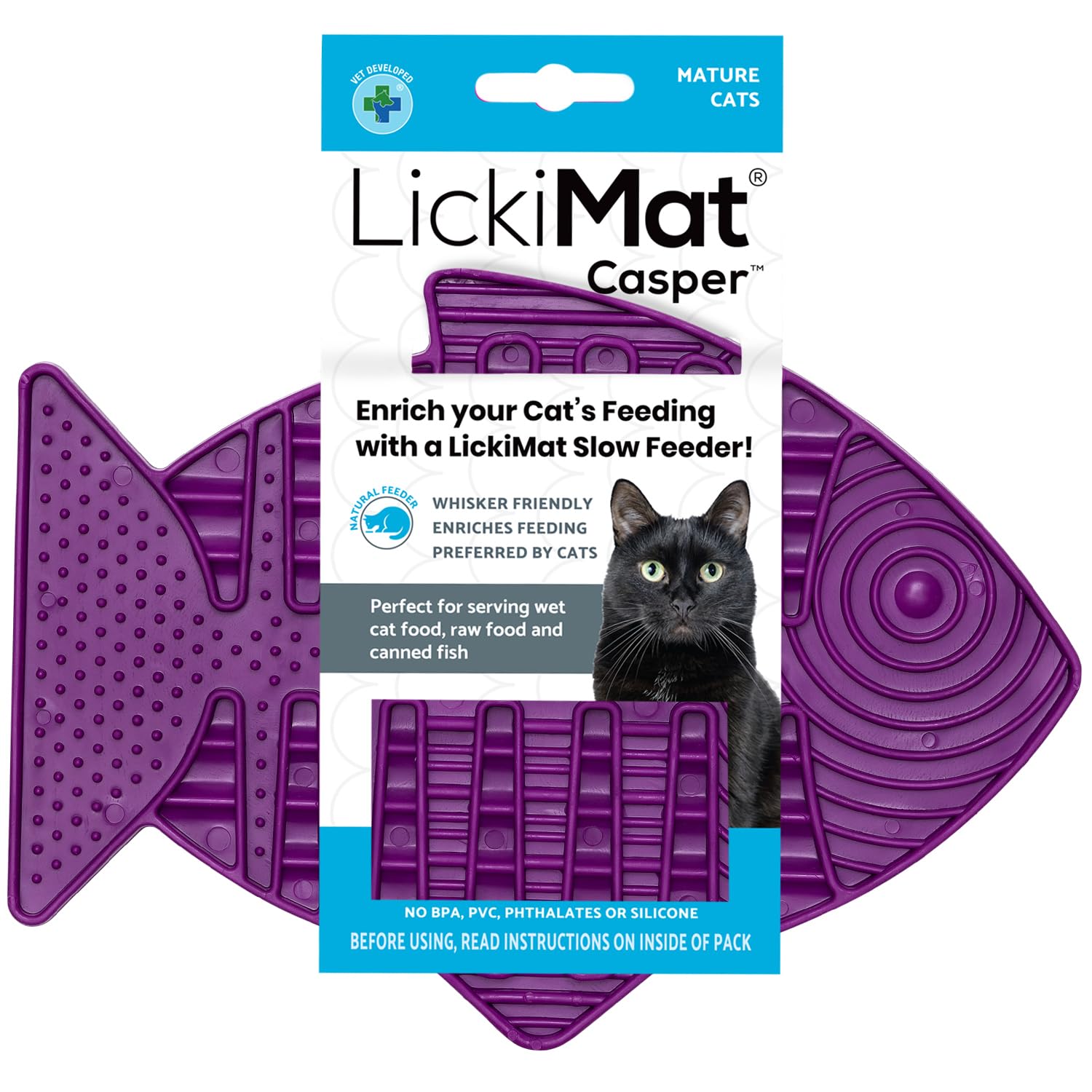 LickiMat Casper, Fish-Shaped Cat Slow Feeders for Feline Boredom and Anxiety Reduction; Perfect for Food, Treats and Anxiety Reduction, Purple - DeKove