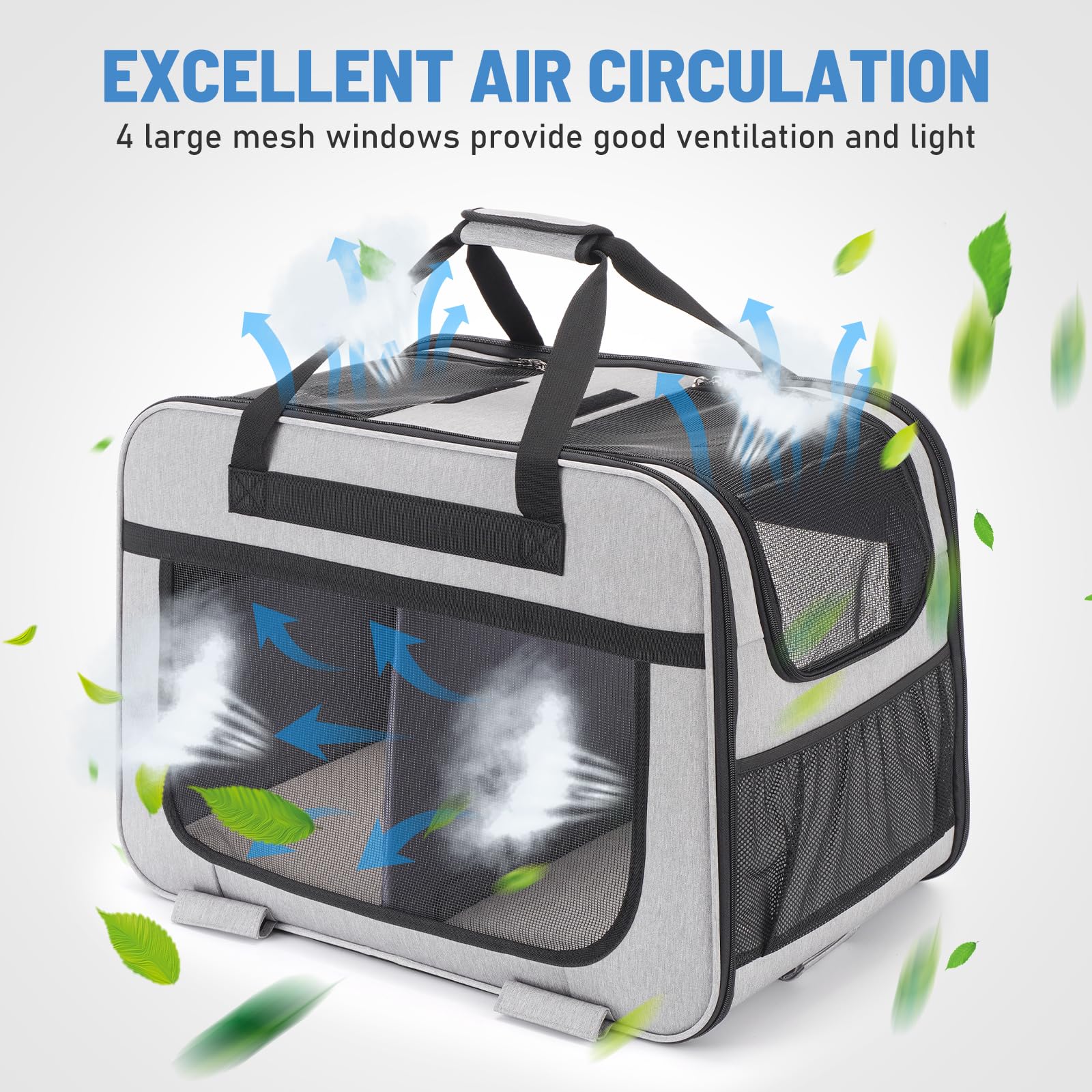 HOVONO Extra Large Double Pet Carrier with Wheels for Small Dogs and All-Breed Cats, Cat Rolling Carrier for 2 Cats, Support up to 40 Lbs, Grey - DeKove