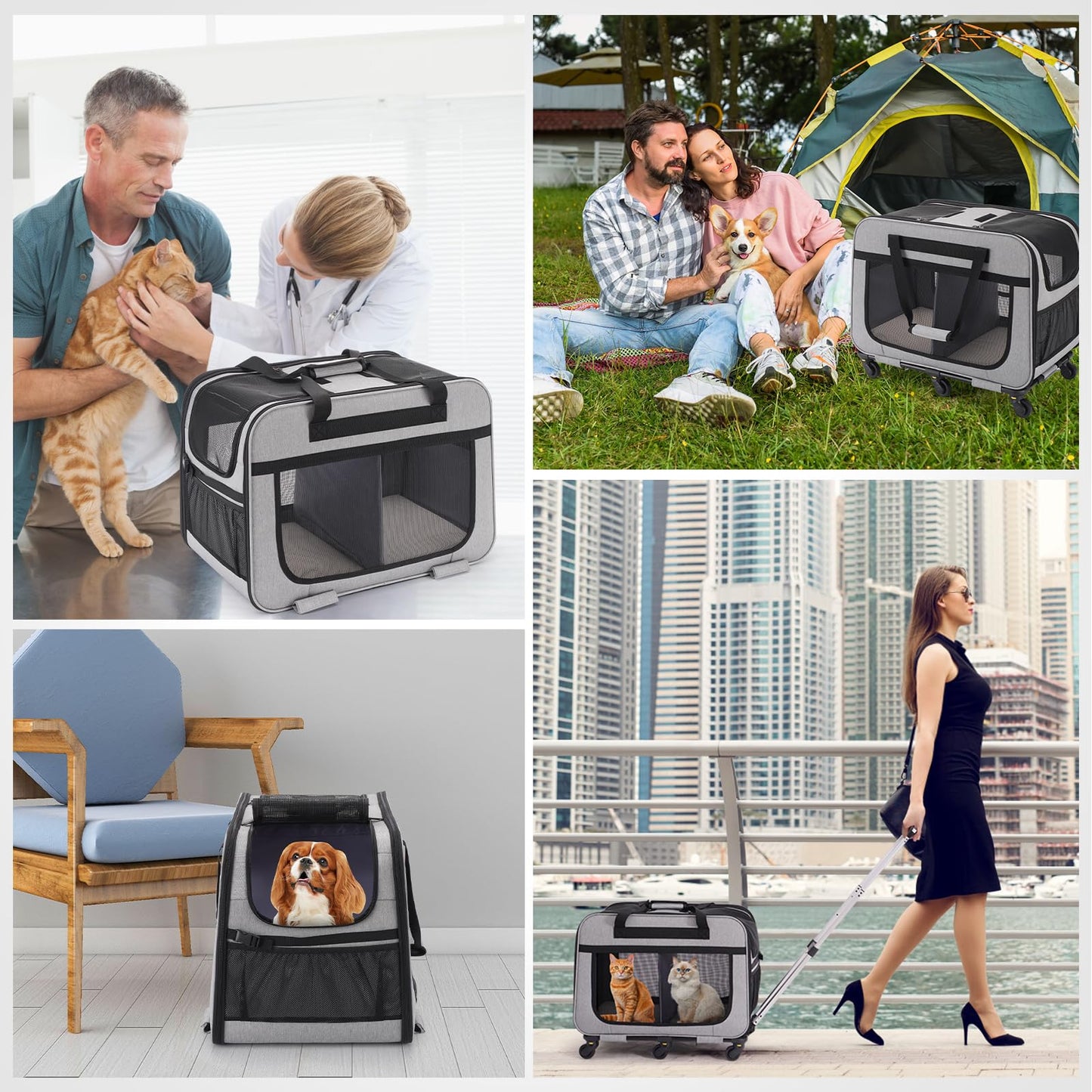 HOVONO Extra Large Double Pet Carrier with Wheels for Small Dogs and All-Breed Cats, Cat Rolling Carrier for 2 Cats, Support up to 40 Lbs, Grey - DeKove