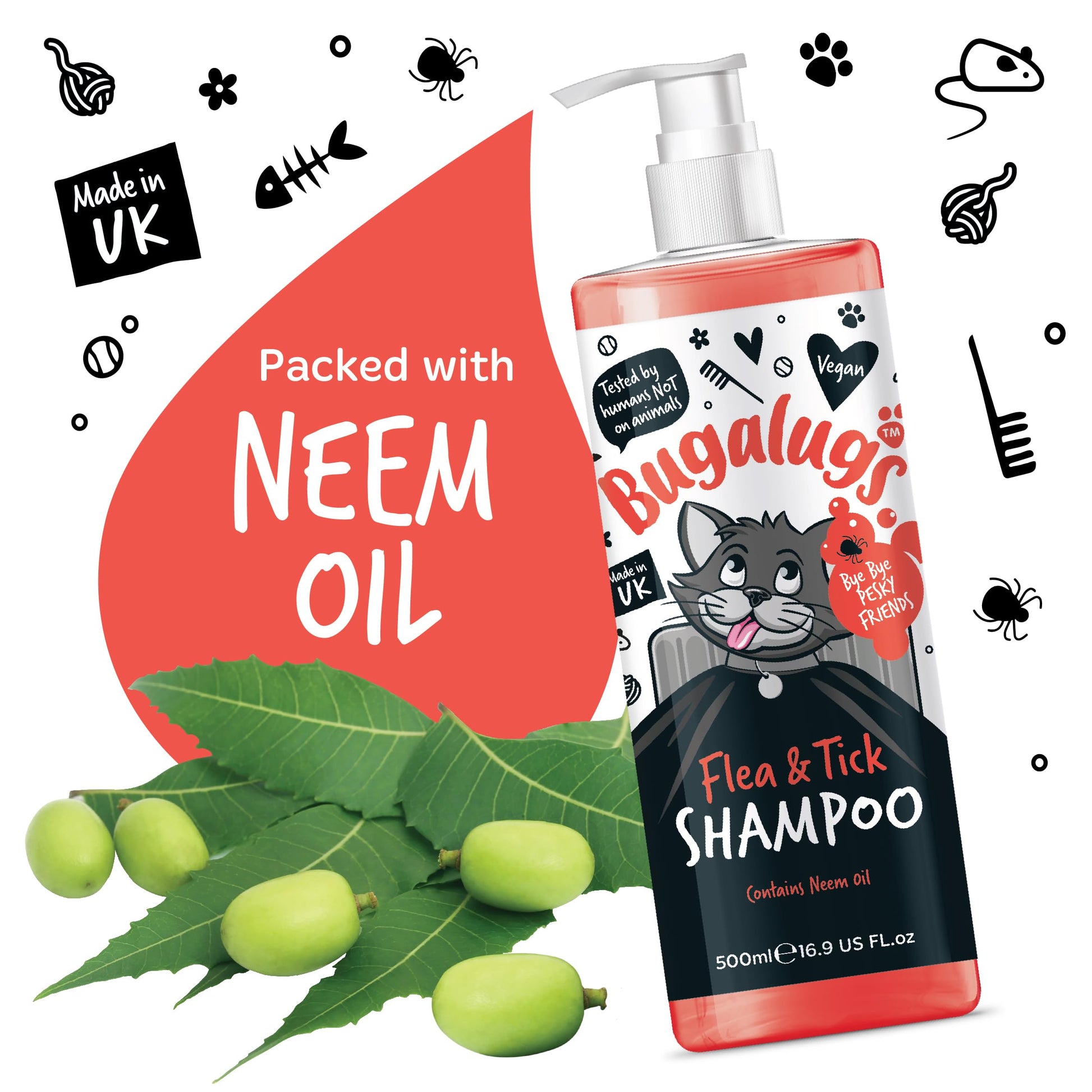 Flea and Tick Cat Shampoo by Bugalugs 500ml, Deep Cleansing for Cats for Fleas, Ticks & Mites contains Neem Oil, PH Balanced Vegan (500ml Flea Shampoo) - DeKove