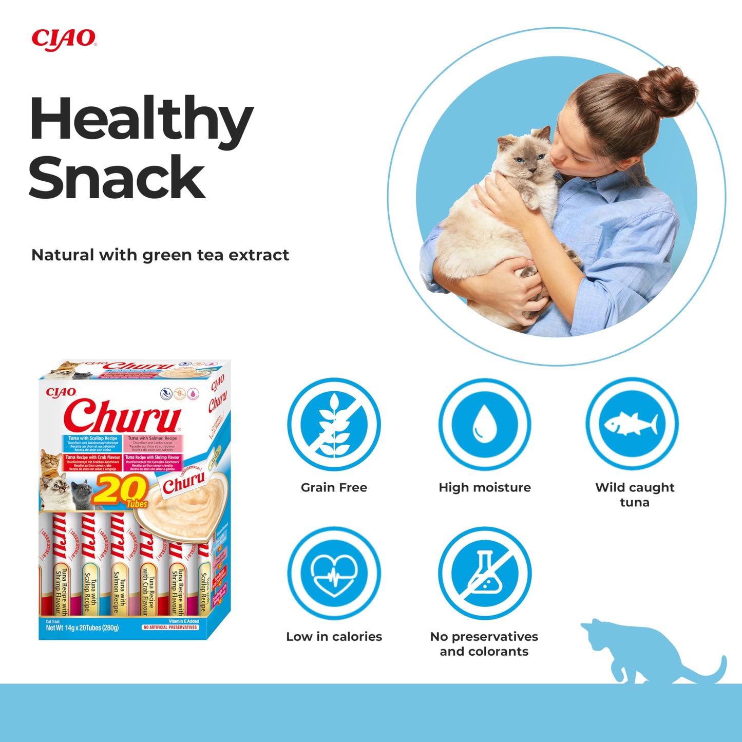 Churu by INABA Cat Treat - Tuna Seafood Variety Box - 1 Pack (20 x 14g total) / Soft & Creamy Cat Treat, Delicious & Healthy Snack, Purée Food Topper, Natural, Grain Free - DeKove