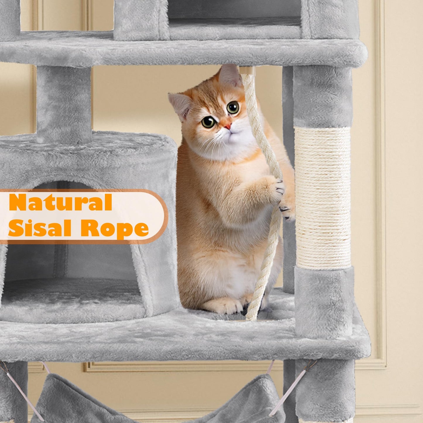 Yaheetech 158cm Multi-level Cat Tree Tower Large Kitten Scratching Posts with Condos/Perches/Hammock Broad-space Kitten Activity Centre, Light Grey - DeKove